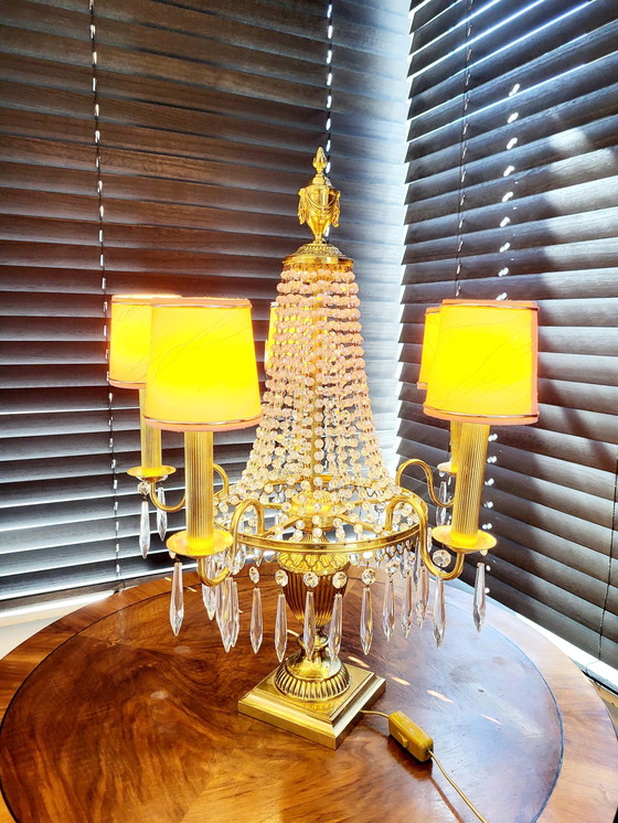 Image 1 of Lampe de table en cristal avec base et finition en laiton et 4 luminaires