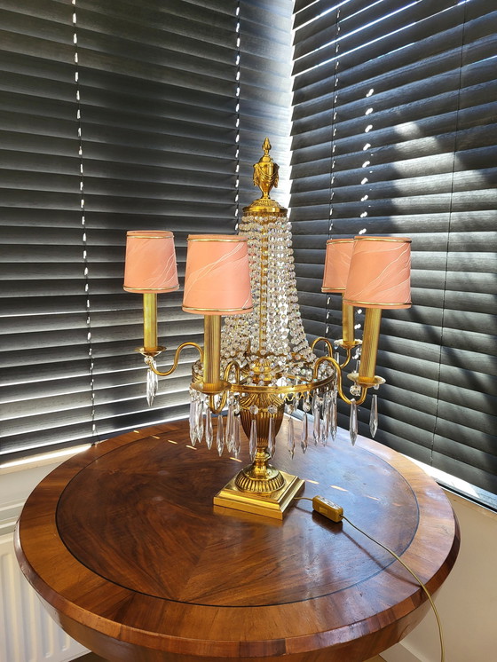 Image 1 of Lampe de table en cristal avec base et finition en laiton et 4 luminaires