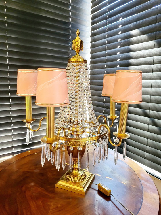 Image 1 of Lampe de table en cristal avec base et finition en laiton et 4 luminaires