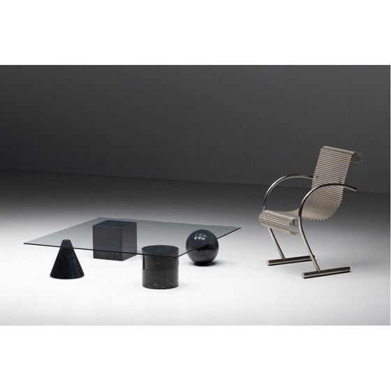 Image 1 of Table basse vintage avec quatre pieds en marbre noir et plateau en verre épais, 1970