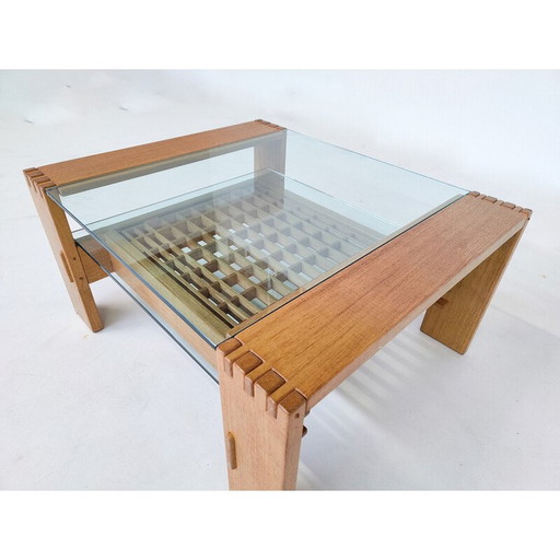 Table basse en bois et verre du milieu du siècle par Guiseppe Rivadossi, Italie années 1950