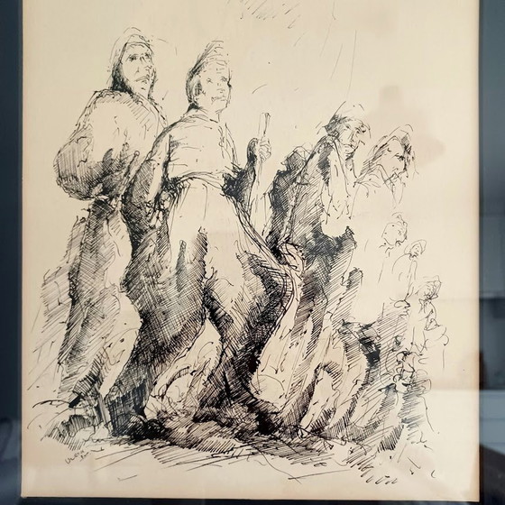 Image 1 of Dessin à la plume. Figuratif. '50-'60. Signé.