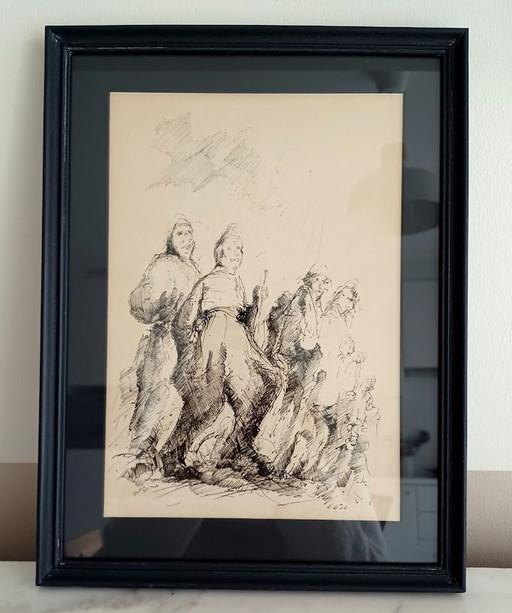 Dessin à la plume. Figuratif. '50-'60. Signé.