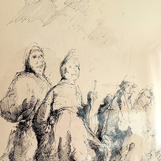 Image 1 of Dessin à la plume. Figuratif. '50-'60. Signé.