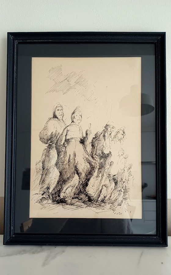 Image 1 of Dessin à la plume. Figuratif. '50-'60. Signé.