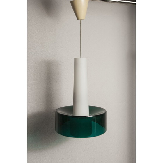 Image 1 of Lampe suspendue vintage en verre blanc opalin et transparent en 2 éléments, 1960s