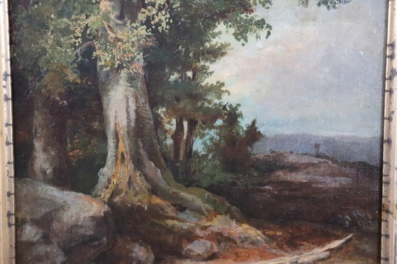 Image 1 of Peinture à l'huile ancienne italienne sur toile, paysage forestier