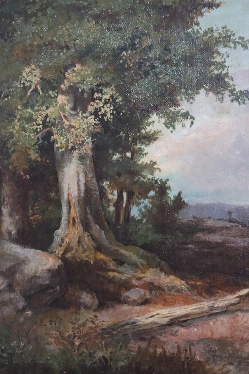 Peinture à l'huile ancienne italienne sur toile, paysage forestier