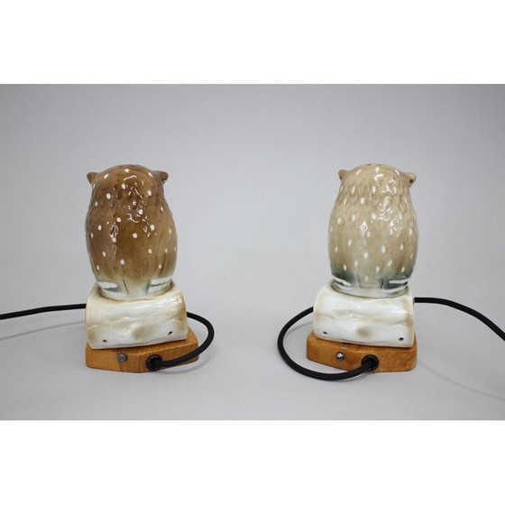 Image 1 of Paire de lampes de table hibou en porcelaine, Tchécoslovaquie 1930