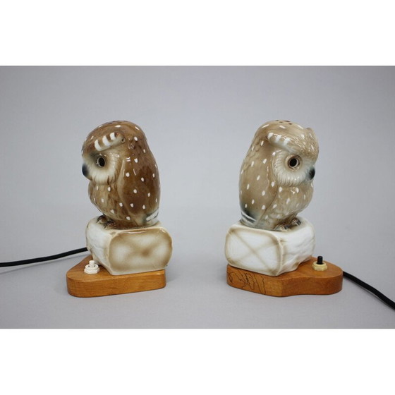 Image 1 of Paire de lampes de table hibou en porcelaine, Tchécoslovaquie 1930