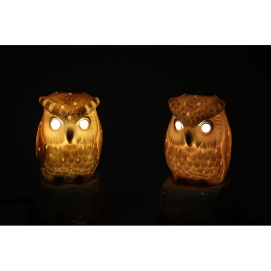 Image 1 of Paire de lampes de table hibou en porcelaine, Tchécoslovaquie 1930