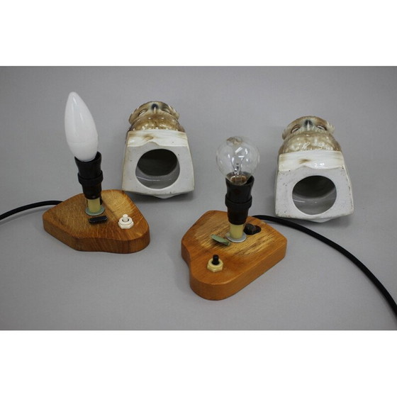 Image 1 of Paire de lampes de table hibou en porcelaine, Tchécoslovaquie 1930