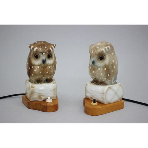 Paire de lampes de table hibou en porcelaine, Tchécoslovaquie 1930