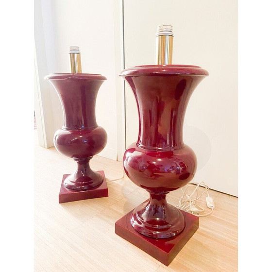 Image 1 of Paire de lampes de table en céramique laquée bordeaux, Italie 1970