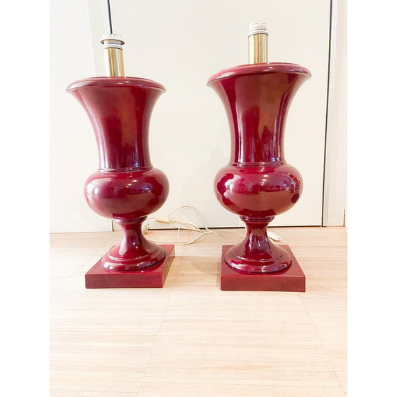 Image 1 of Paire de lampes de table en céramique laquée bordeaux, Italie 1970
