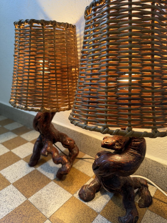 Image 1 of Lampes Cep De Vigne Et Rotin Années 60 (X2)