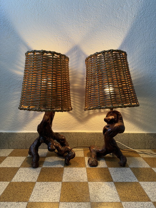 Lampes Cep De Vigne Et Rotin Années 60 (X2)