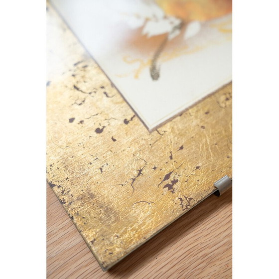 Image 1 of Paire d'aquarelles vintage et de gravures à la feuille d'or en bois et verre, 1980