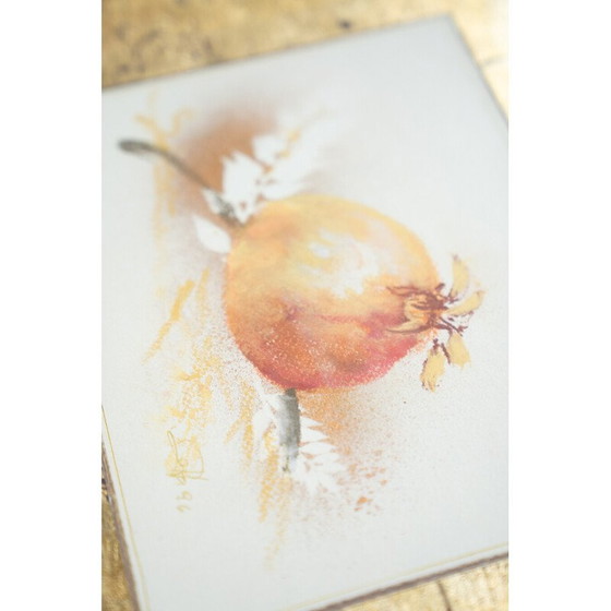 Image 1 of Paire d'aquarelles vintage et de gravures à la feuille d'or en bois et verre, 1980