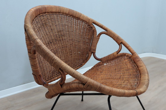Image 1 of Mid Century Italian Design Rattan And Wicker Scoop Chair 1950S