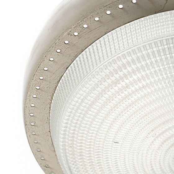 Image 1 of Lustre vintage en laiton nickelé et verre imprimé, Italie 1960