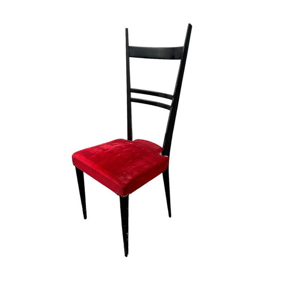 Image 1 of Paire de chaises vintage en bois laqué et assise en velours rouge, Italie 1950