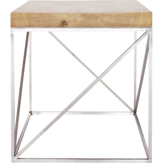Image 1 of Table basse industrielle vintage en chêne massif et acier inoxydable par Crackstudio, Lituanie 2009