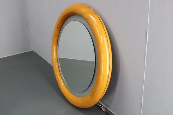 Image 1 of Miroir rond italien des années 1970 dans un cadre en bois avec lumière