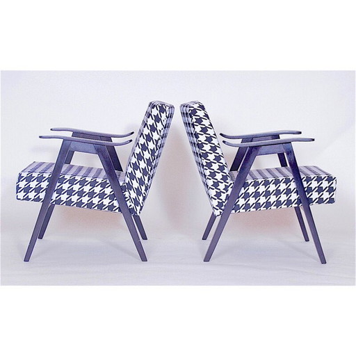 Paire de fauteuils vintage noir et blanc en tissu et bois 1980