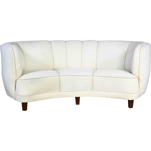 Canapé 3 places en forme de banane Art Déco vintage en tissu blanc, Danemark 1950