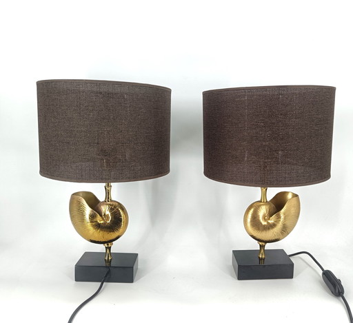 Lampe de table vintage en laiton avec coquille Nautilus 1970's - France - Lot de 2