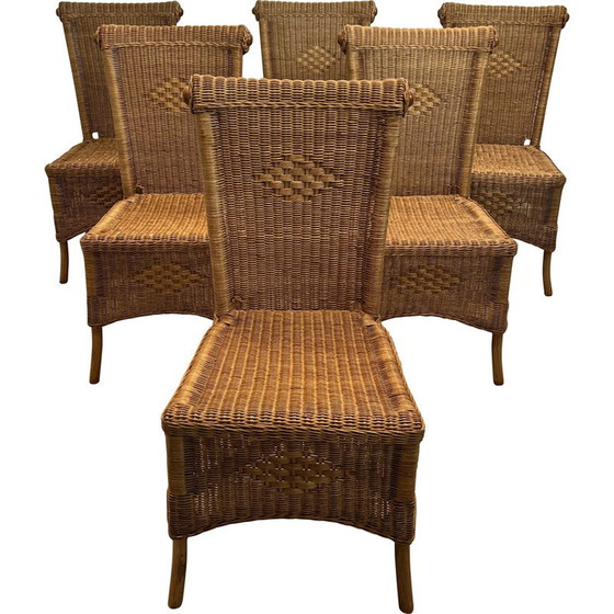 Image 1 of Ensemble de 6 chaises vintage en rotin et bois, France 1970