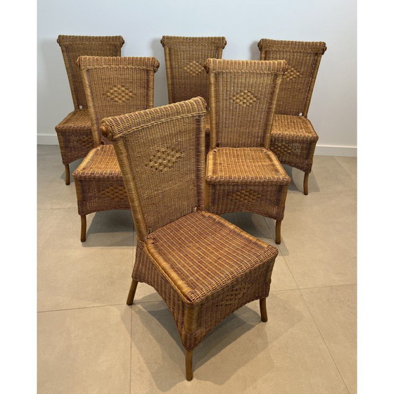 Image 1 of Ensemble de 6 chaises vintage en rotin et bois, France 1970