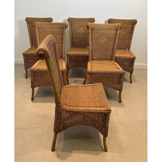 Image 1 of Ensemble de 6 chaises vintage en rotin et bois, France 1970