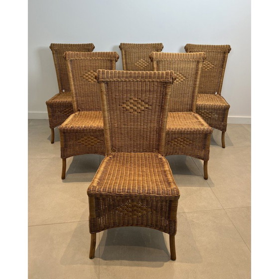Image 1 of Ensemble de 6 chaises vintage en rotin et bois, France 1970