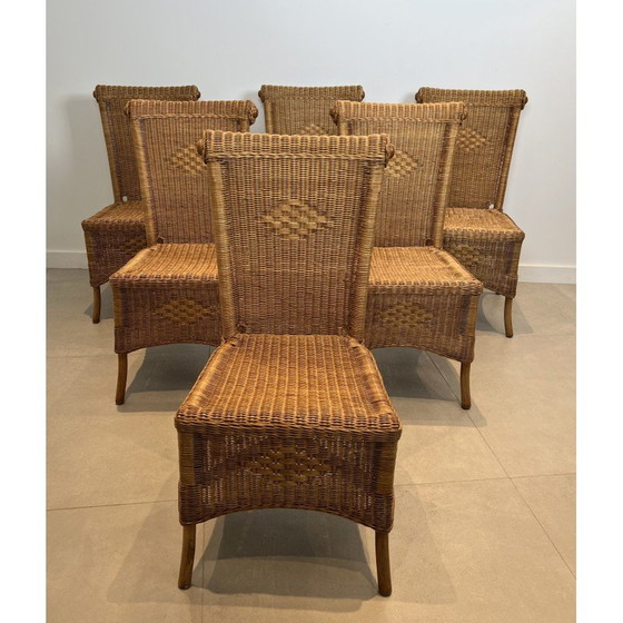 Image 1 of Ensemble de 6 chaises vintage en rotin et bois, France 1970