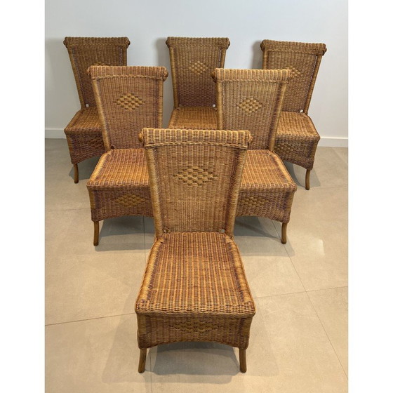 Image 1 of Ensemble de 6 chaises vintage en rotin et bois, France 1970