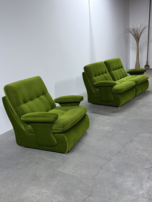 Modular Fauteuil Canapé Set Velours côtelé Vert Sur roulettes chromées, Allemagne 1970Ers