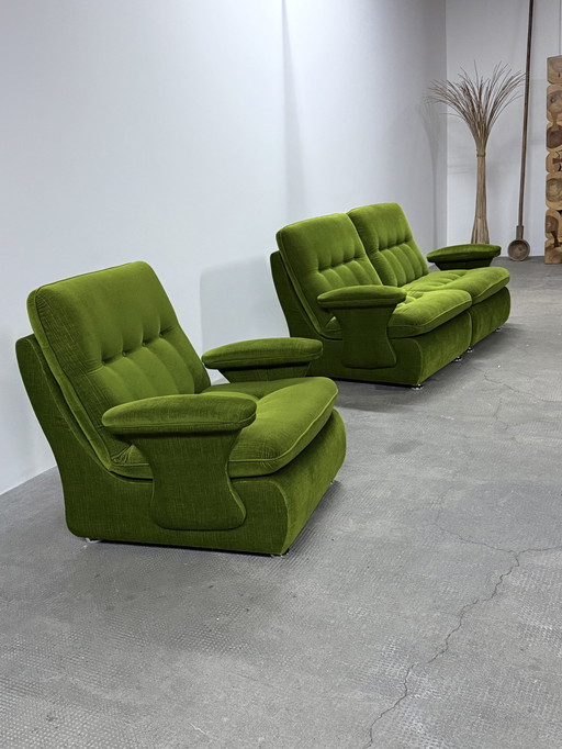 Modular Fauteuil Canapé Set Velours côtelé Vert Sur roulettes chromées, Allemagne 1970Ers