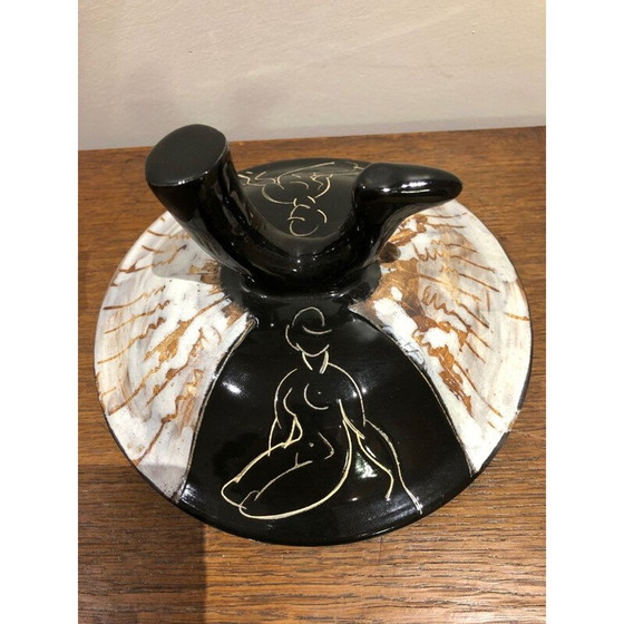 Image 1 of Pot couvert vintage avec petite poignée et poignée en orme d'oiseau pour Cerenne, Vallauris