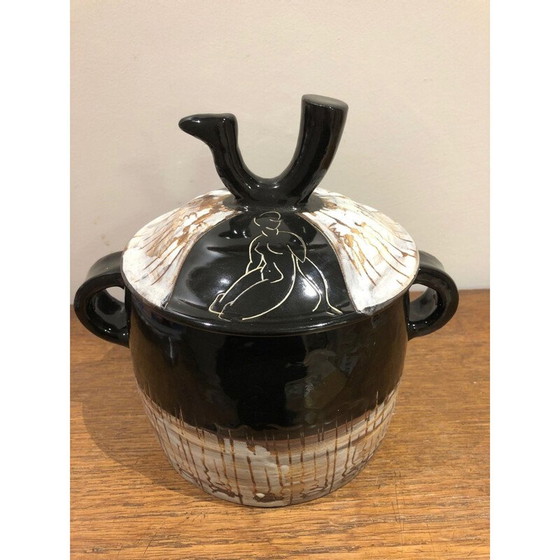 Image 1 of Pot couvert vintage avec petite poignée et poignée en orme d'oiseau pour Cerenne, Vallauris