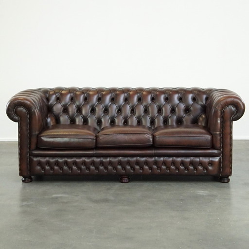 Canapé Chesterfield 2,5 places en cuir de vachette marron foncé