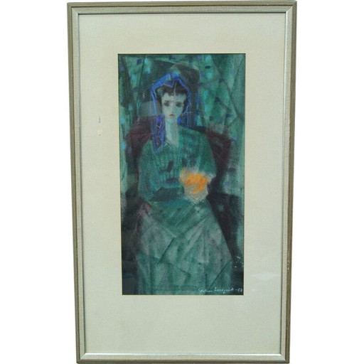 Portrait moderniste vintage d'une femme avec des fleurs par Fabian Lundqvist, Suède 1953