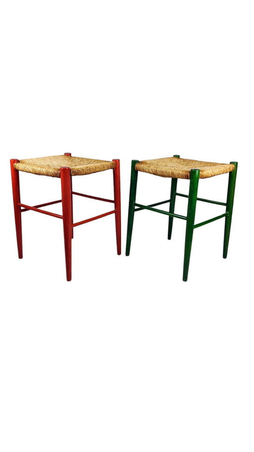 Ensemble tabourets joncs rouge et vert 1960S