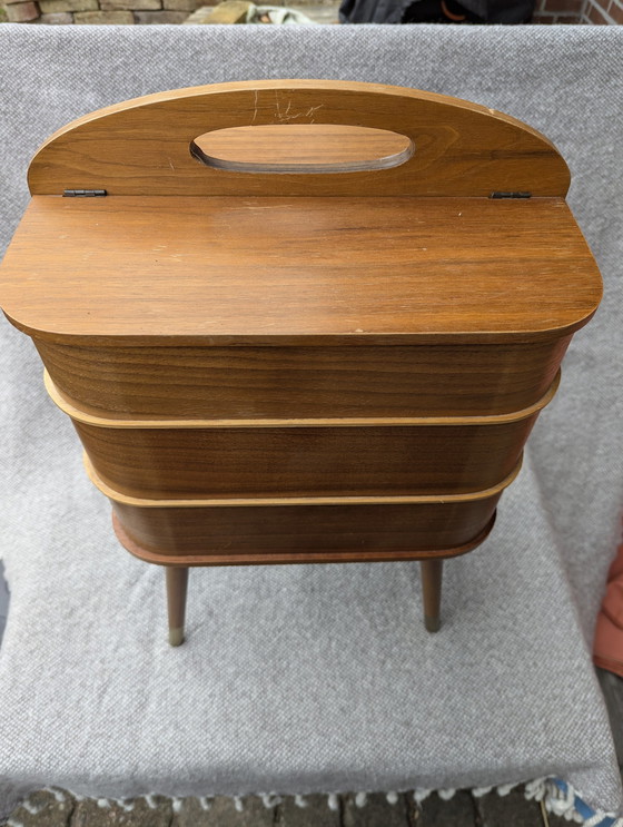 Image 1 of Armoire à couture, panier à couture, Teak Sewing Box In Legs, Sewing Stand, Danmark Mid Century