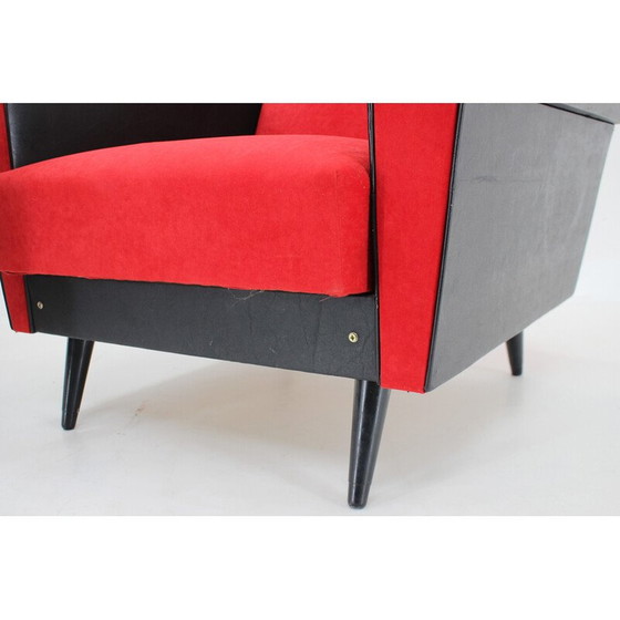 Image 1 of Paire de fauteuils vintage en similicuir et tissu rouge, Tchécoslovaquie, années 1970