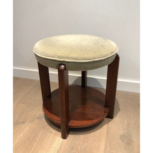 Tabouret vintage en acajou avec assise en velours, 1970
