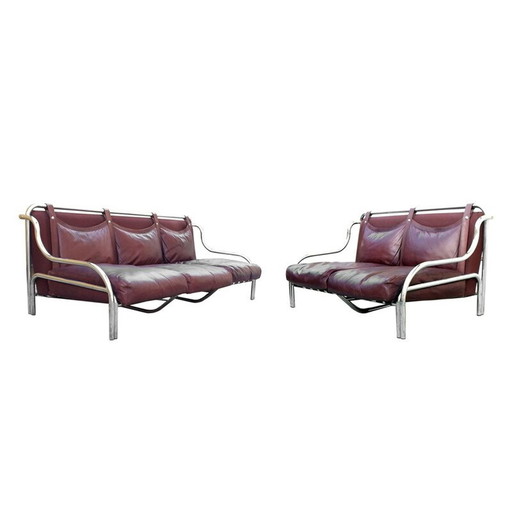 Paire de canapés vintage en chrome et cuir par Gae Aulenti pour Poltronova, Italie 1965
