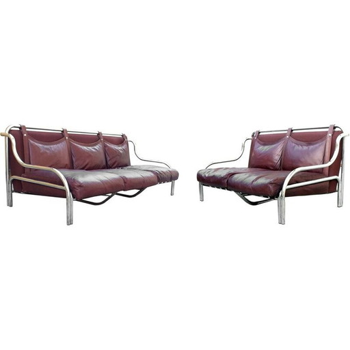Paire de canapés vintage en chrome et cuir par Gae Aulenti pour Poltronova, Italie 1965