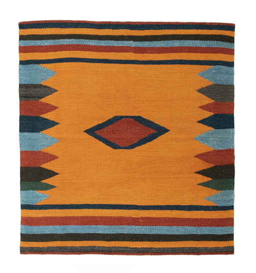 Kilim design tissé à la main - 125 X 115 cm - Couleurs fraîches et design géométrique
